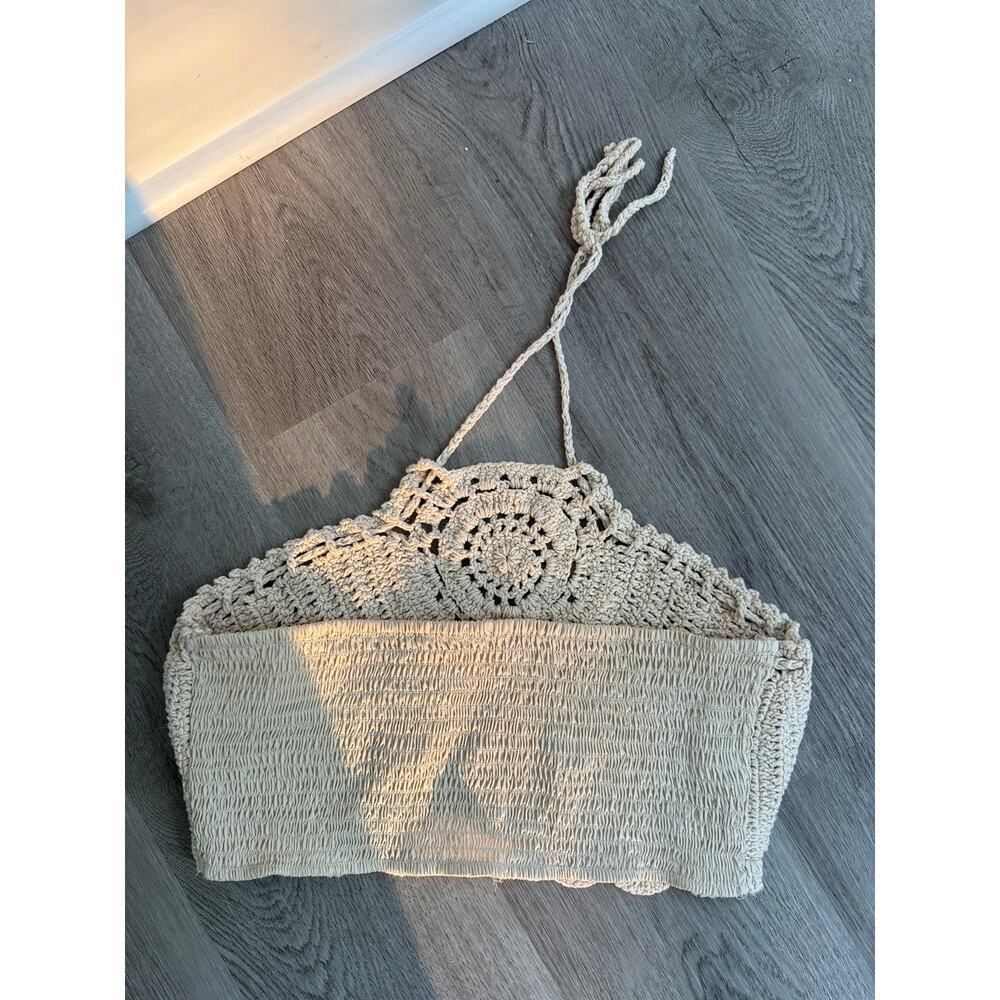 Boho Crochet Halter Crop Top Beige Open Knit Festival Beach Cover Up Medium - Picture 2 of 4